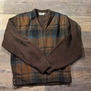 Luxe V-Neck Sweater in Brown and Blue Plaid-Wool Vintage